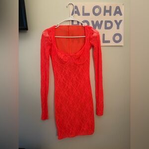 SKIMS Vibrant Orange Lace Long Sleeve Dress